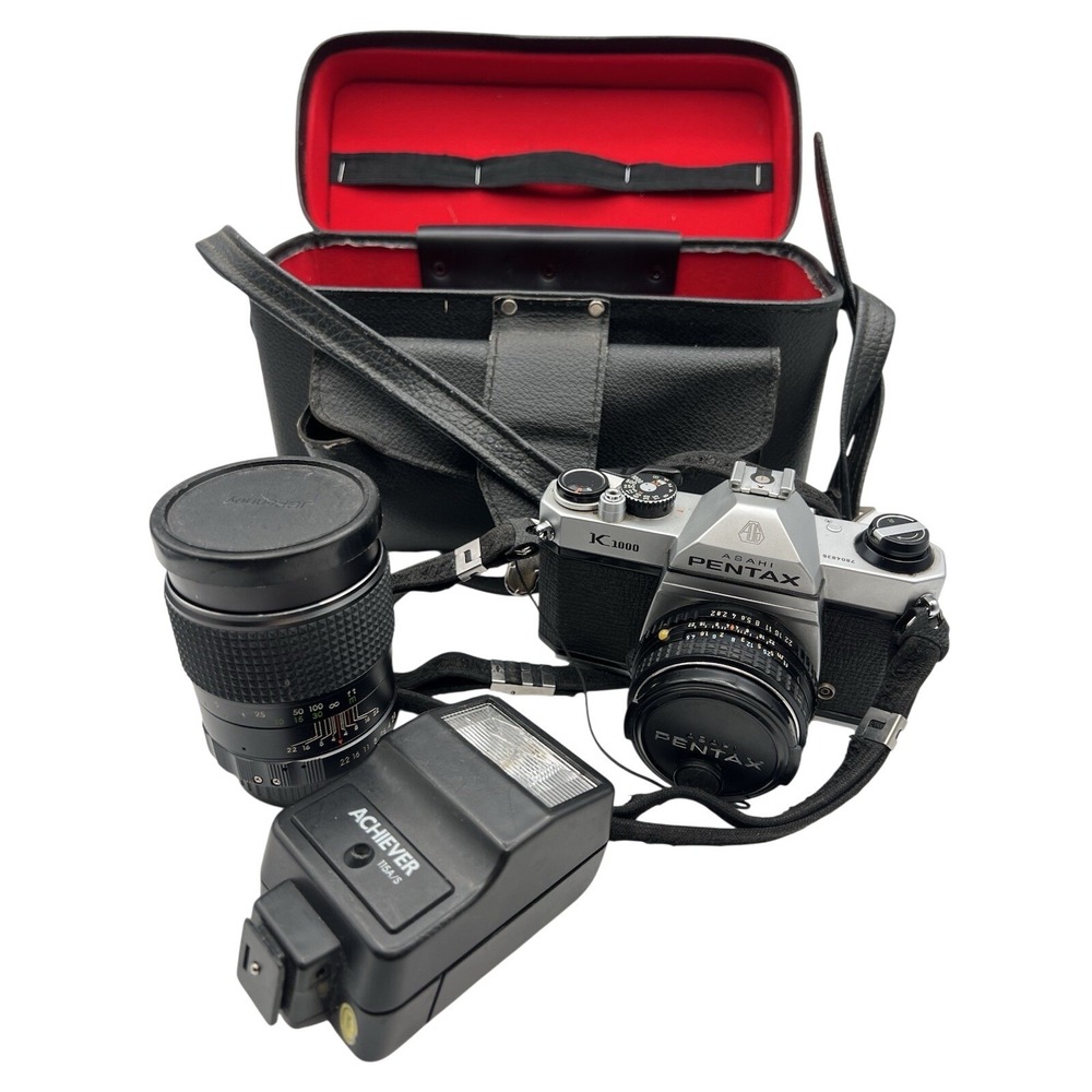 pentax k1000 35mm slr film camera Kit With Lenses Flash And Case Works
